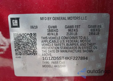 2019 Chevrolet Malibu Lt из США, поврежденный, VIN 1G1ZD5ST4KF227894